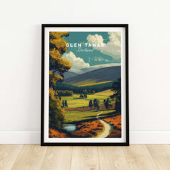 Glen Tanar Print Scotland showcasing a picturesque landscape of Scotland with hills and trees.