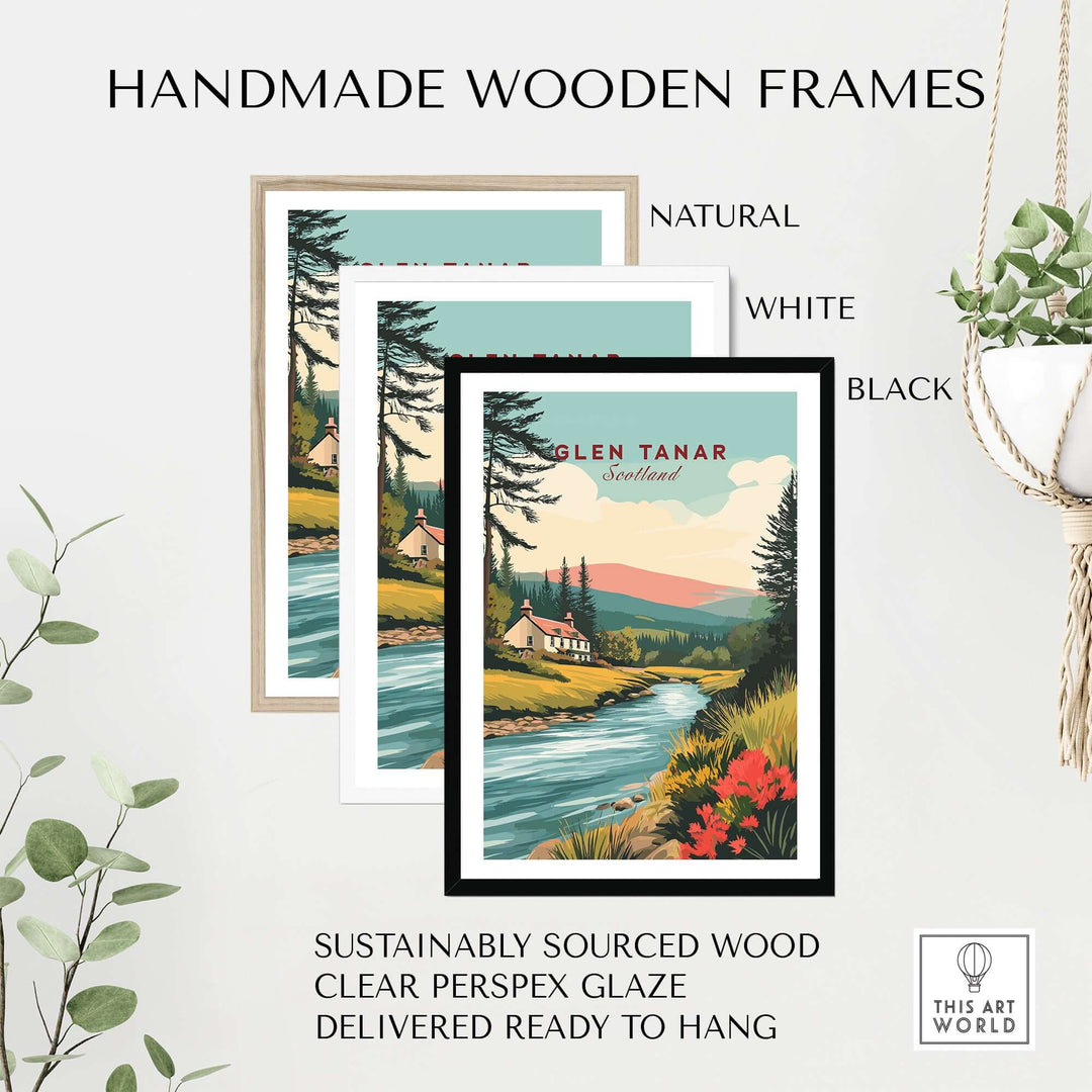 Three handmade wooden frames in natural, white, and black with Glen Tanar Scotland poster, showcasing vibrant Scottish landscape.