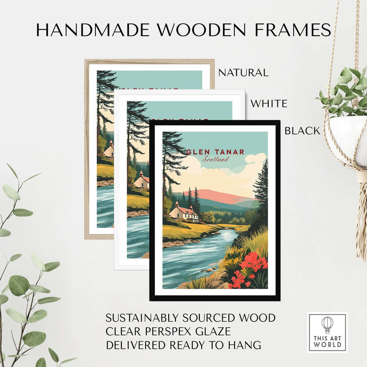 Three handmade wooden frames in natural, white, and black with Glen Tanar Scotland poster, showcasing vibrant Scottish landscape.