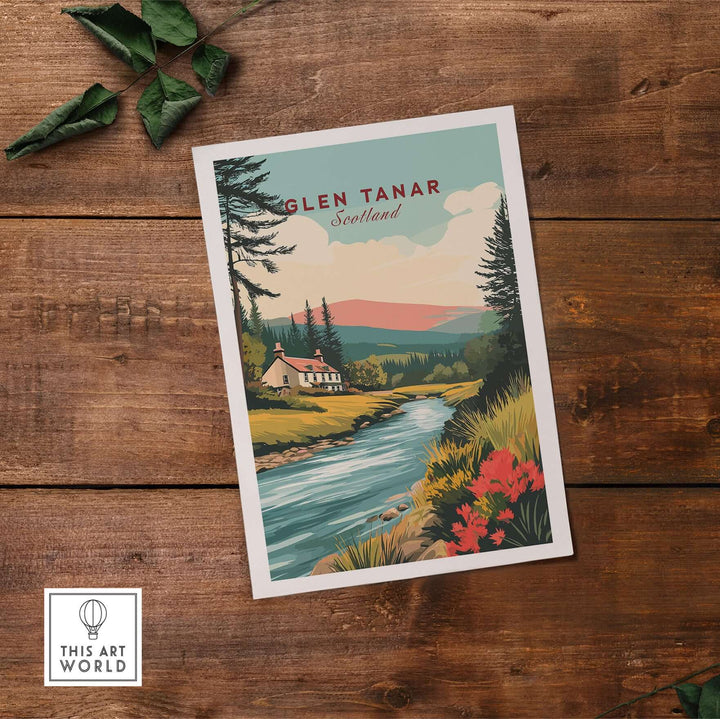 Glen Tanar Scotland poster showcasing a picturesque landscape with a river, trees, and colorful flowers, perfect for home decor.