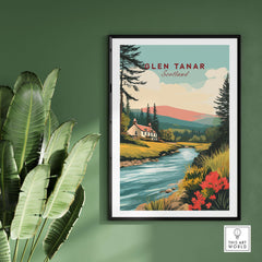 Glen Tanar Scotland Poster featuring a picturesque landscape with mountains, river, and greenery.