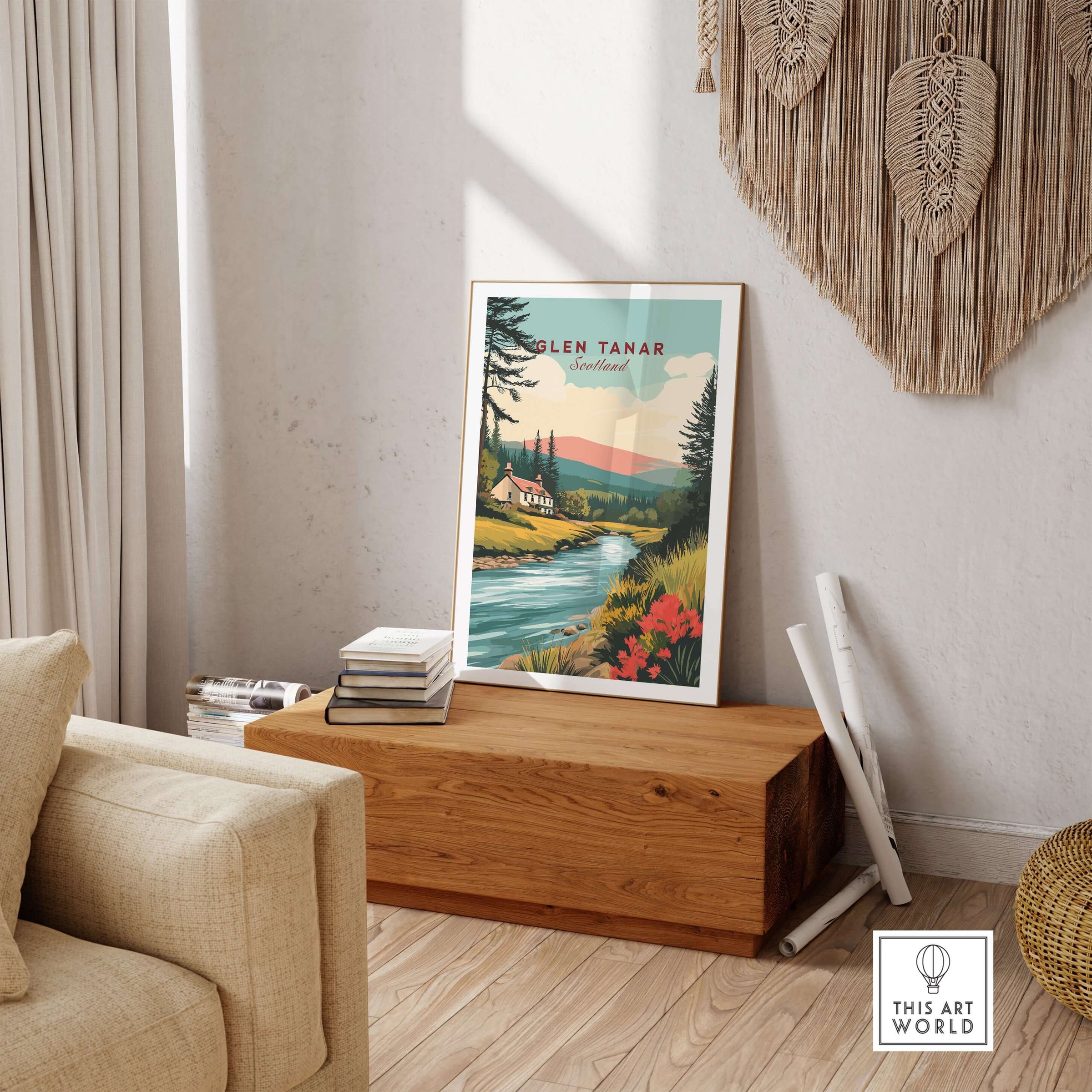 Glen Tanar Scotland Poster displayed in a cozy living room with a natural wood table and a river landscape.