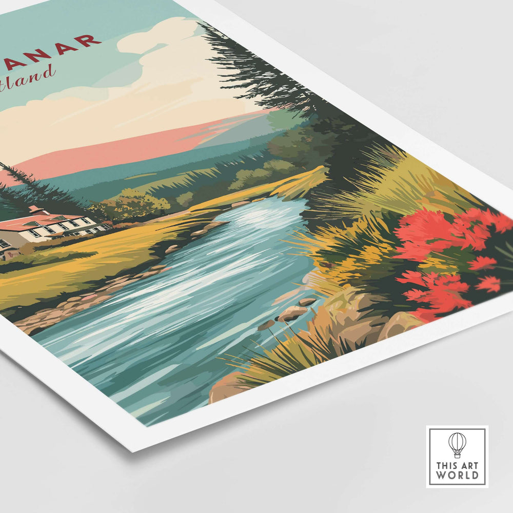 Glen Tanar Scotland Poster featuring vibrant landscape art with a river, mountains, and colorful flowers.