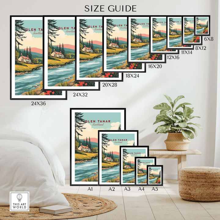 Glen Tanar Scotland Poster size guide showing various frame sizes and a cozy home decor setup.