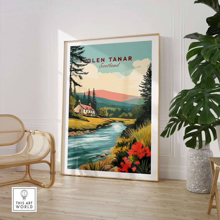 Glen Tanar Scotland Poster showcasing a vibrant Scottish landscape with a river and mountains, perfect for home decor.