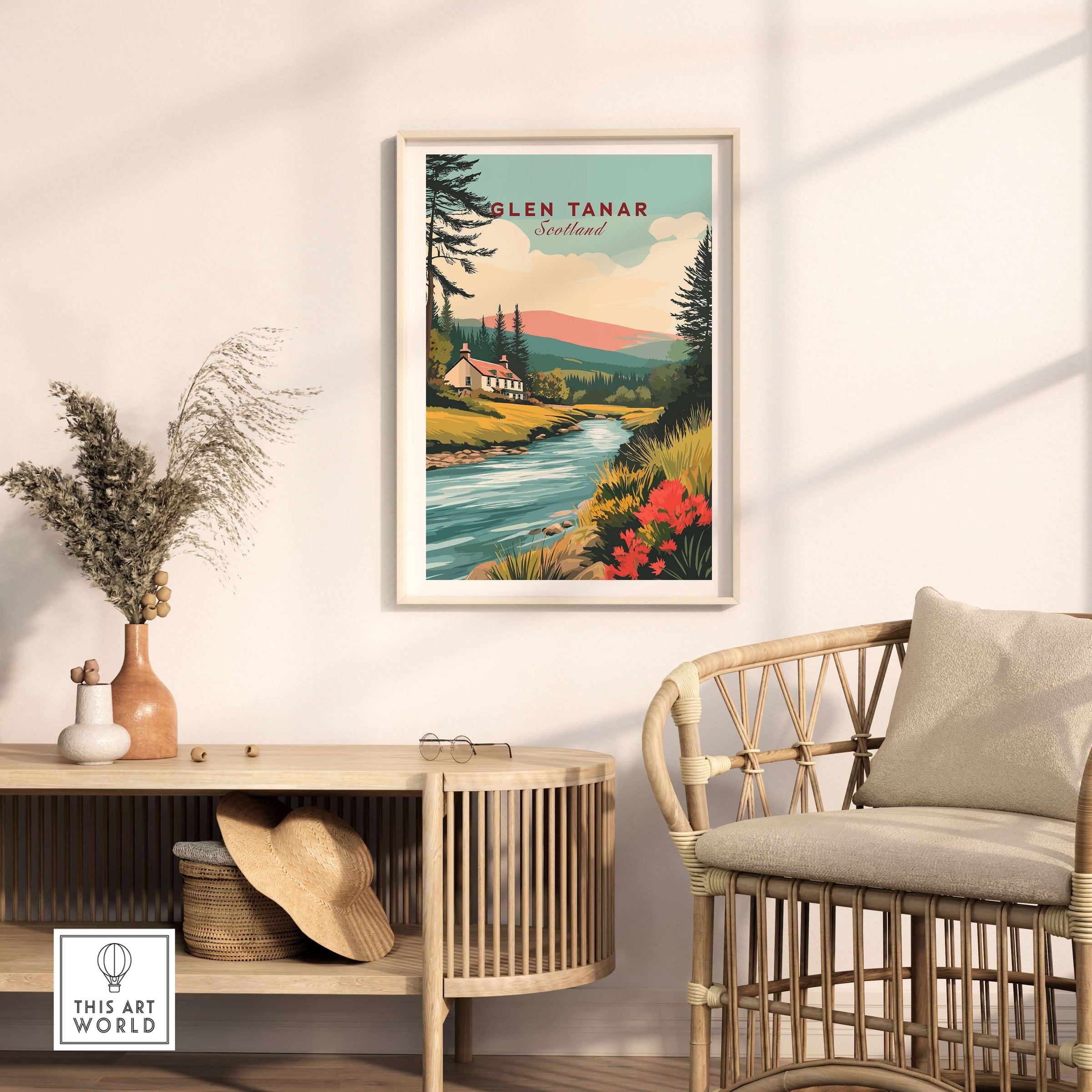 Glen Tanar Scotland Poster displayed in a stylish home interior, featuring vibrant landscapes and decorative elements.