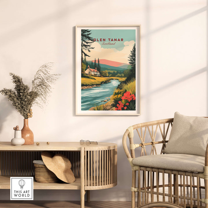 Glen Tanar Scotland poster featuring a scenic landscape with a river and mountains, perfect for home decor.