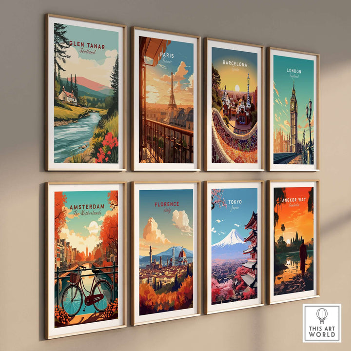 Collection of vibrant city posters including Glen Tanar, Paris, Barcelona, London, Amsterdam, Florence, Tokyo, and Angkor Wat.