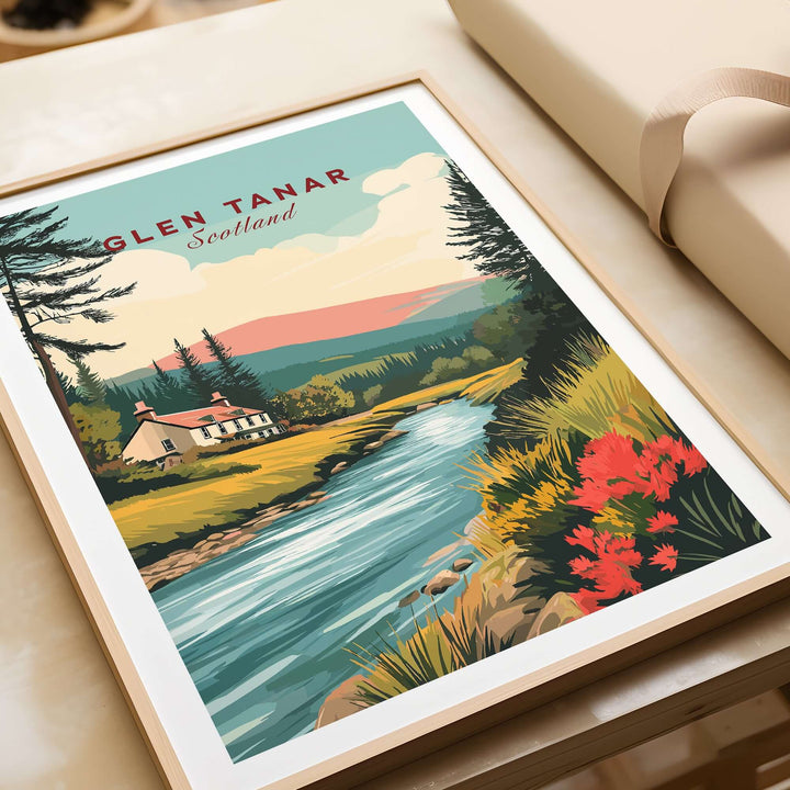 Glen Tanar Scotland poster featuring a scenic landscape with a river, vibrant flowers, and mountains.