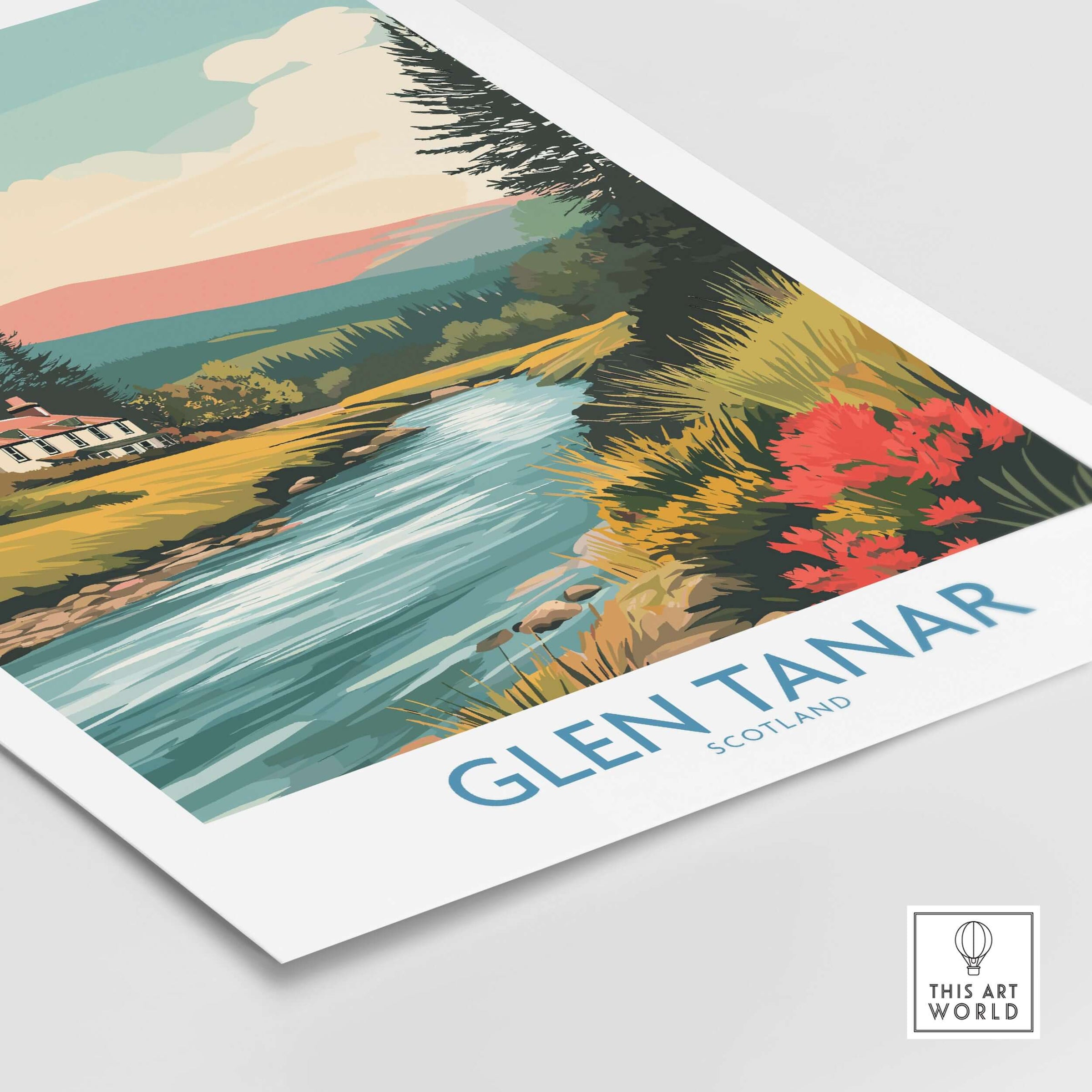Glen Tanar Scotland Print showcasing scenic river and vibrant landscape.