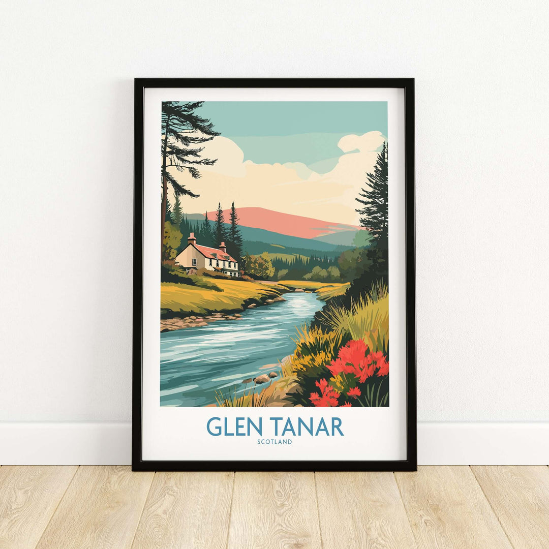Glen Tanar Scotland print featuring serene river and vibrant landscapes in a stylish frame.