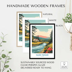 Handmade wooden frames in natural, white, and black for Glen Tanar Scotland Print, sustainably sourced wood and ready to hang.