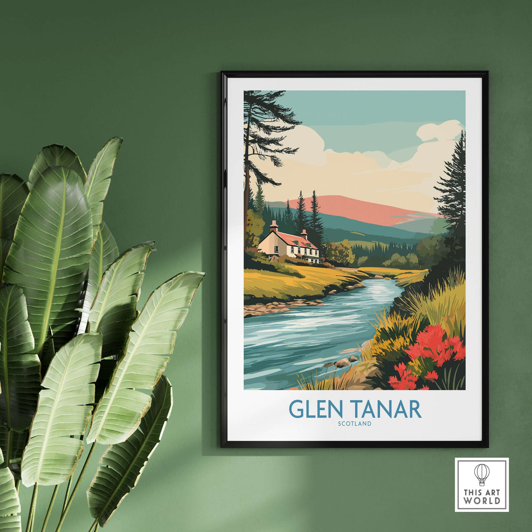 Glen Tanar Scotland Print showcasing tranquil scenery with a river, hills, and vibrant flora, perfect for home decor.