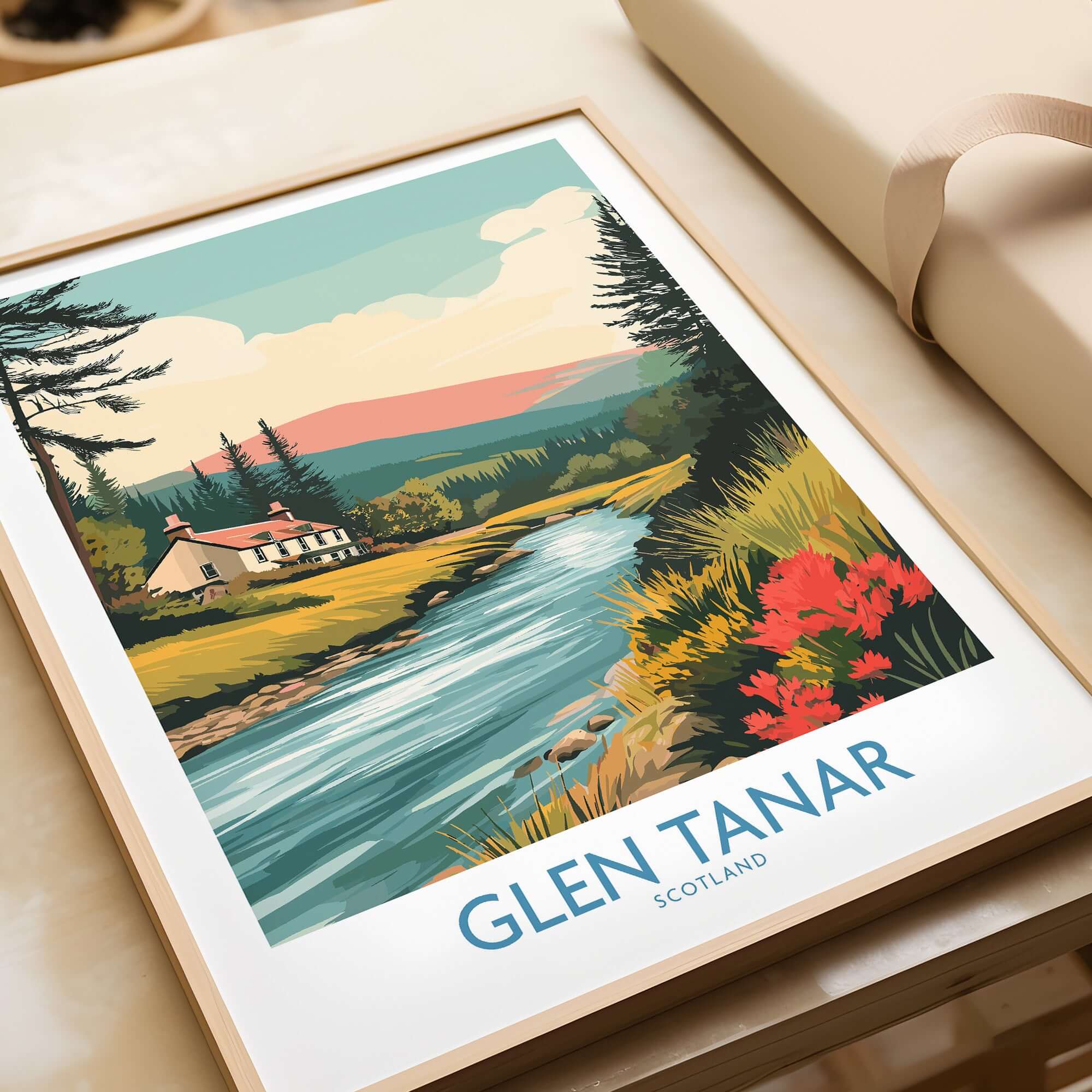 Glen Tanar Scotland Print showcasing scenic river and hills with a vibrant landscape in Scotland.