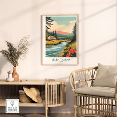 Glen Tanar Scotland Print displayed in a cozy living room setting with serene landscape and vivid colors.