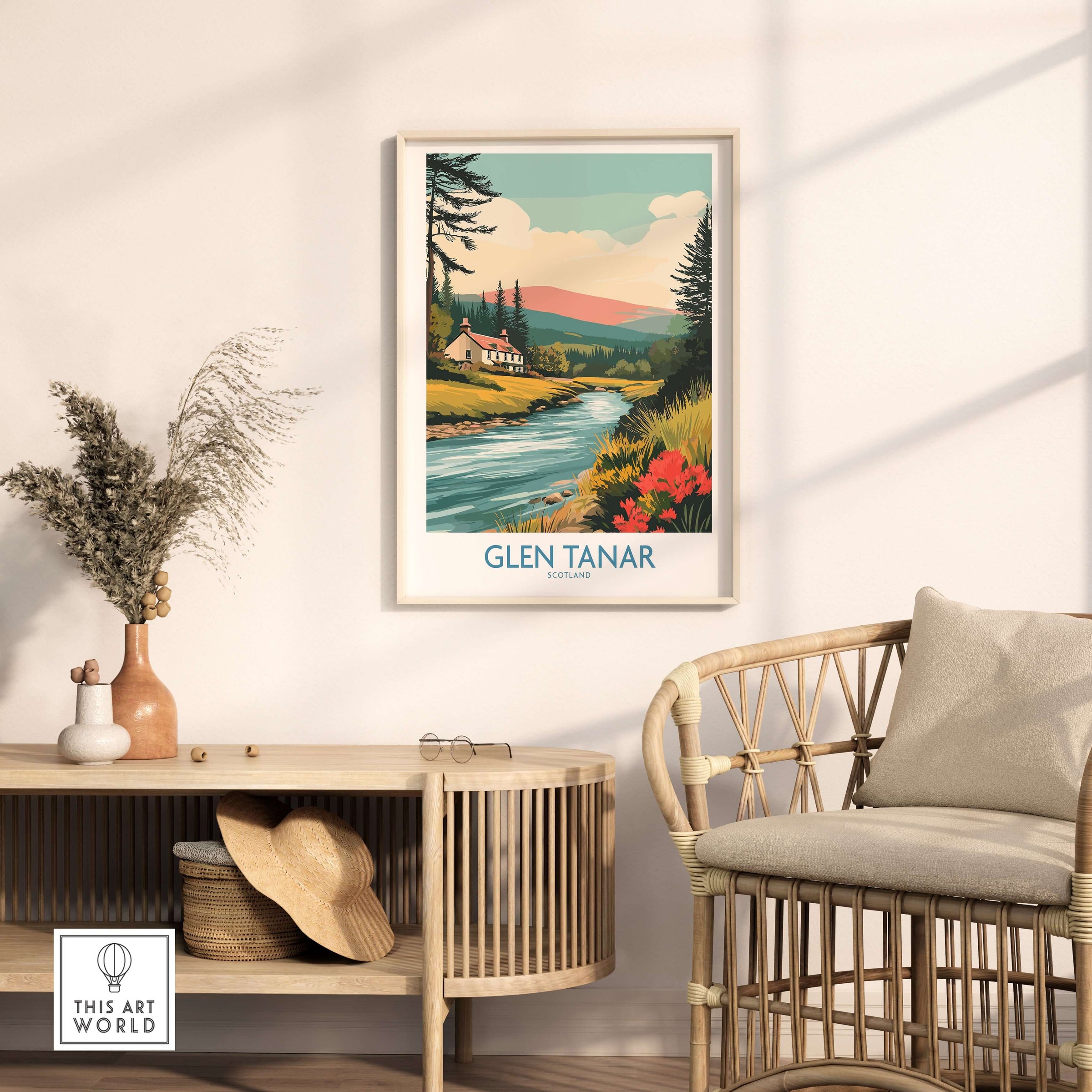 Glen Tanar Scotland Print displayed in a cozy living room setting with serene landscape and vivid colors.