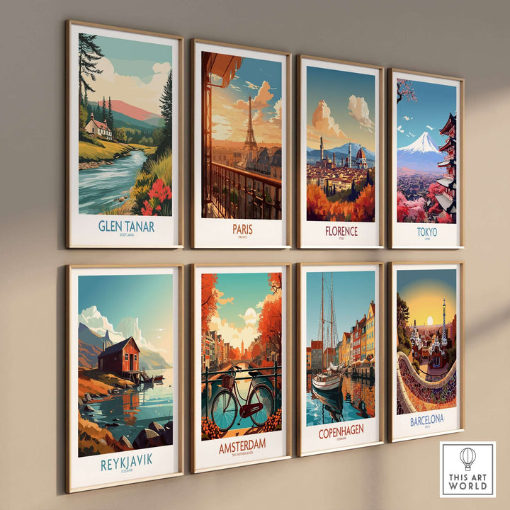 Gallery wall featuring Glen Tanar, Paris, Florence, Tokyo, Reykjavik, Amsterdam, Copenhagen, and Barcelona prints.