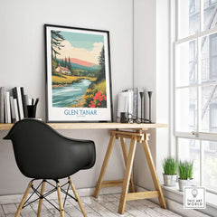 Glen Tanar Scotland Print displayed in a cozy workspace with a modern chair and natural light.