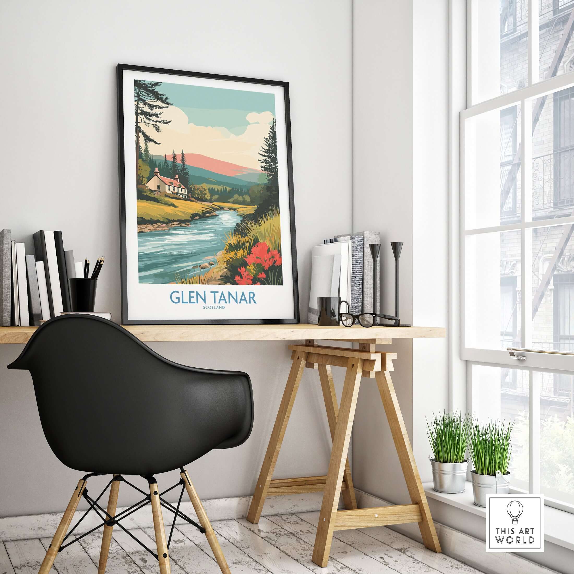 Glen Tanar Scotland Print displayed in a cozy workspace with a modern chair and natural light.