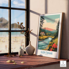 Glen Tanar Scotland Print showcasing serene river and landscape in a home setting with a beach view.