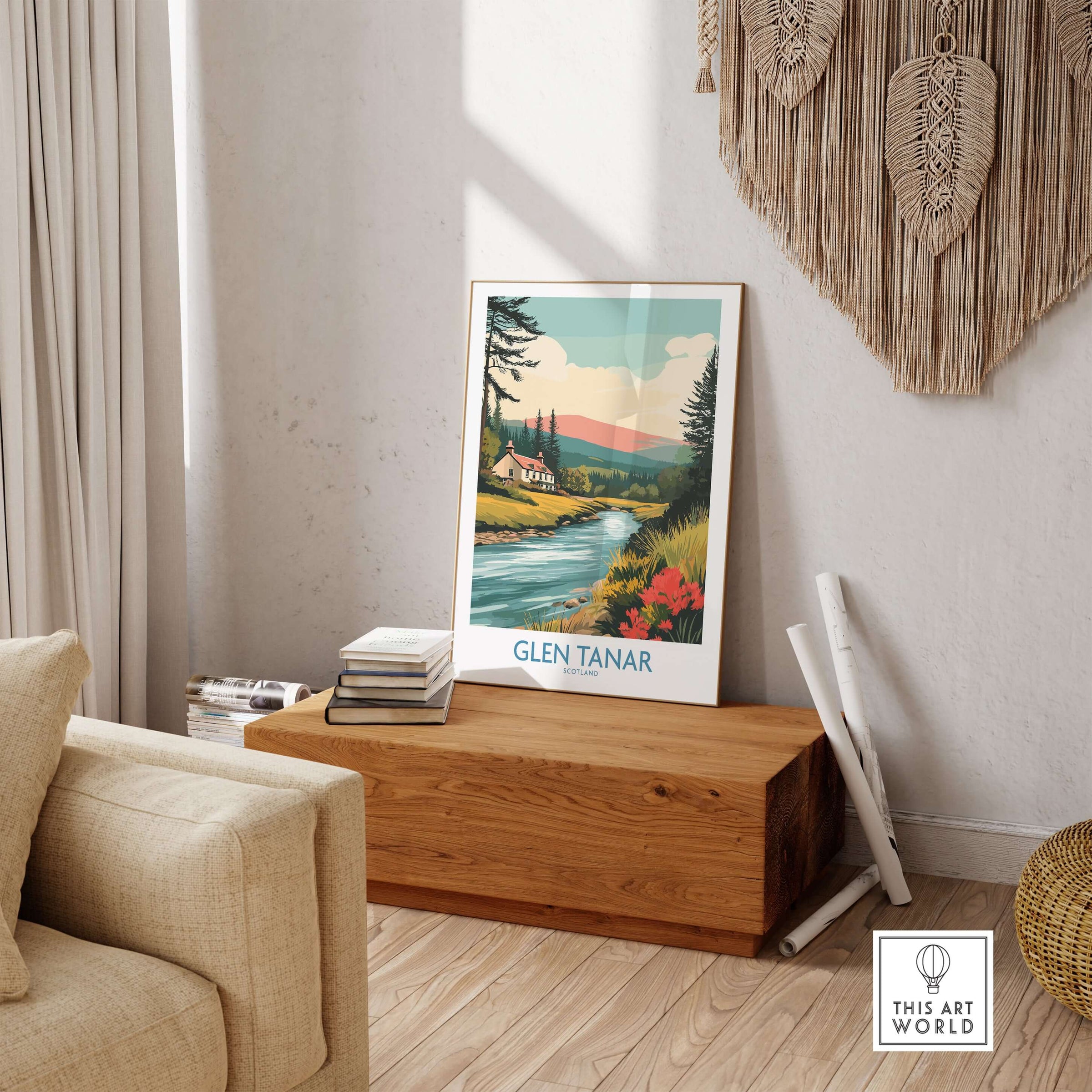 Glen Tanar Scotland Print displayed in a cozy living room setting with a wooden table and serene decor elements.