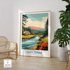 Glen Tanar Scotland Print featuring serene landscape with hills, water, and vibrant flora, perfect for home decor.