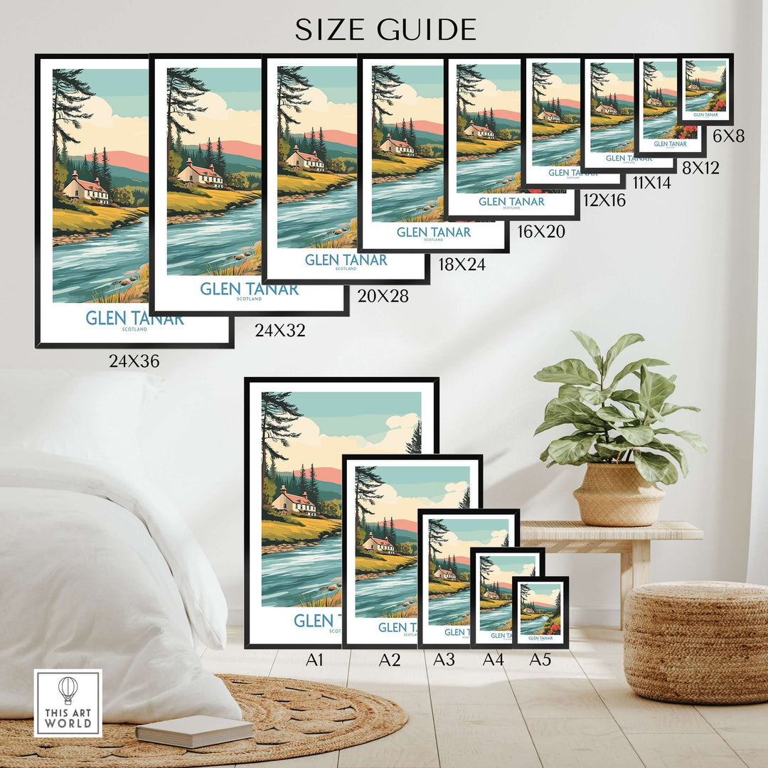 Size guide for Glen Tanar Scotland print showcasing various frame sizes and scenic design.