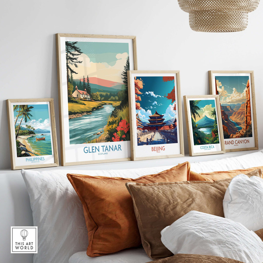 Framed Glen Tanar Scotland print among other destination art prints, adding scenic charm to home decor.