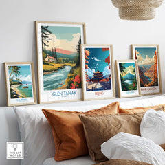 Glen Tanar Scotland Print displayed among other travel posters in a stylish interior setting.