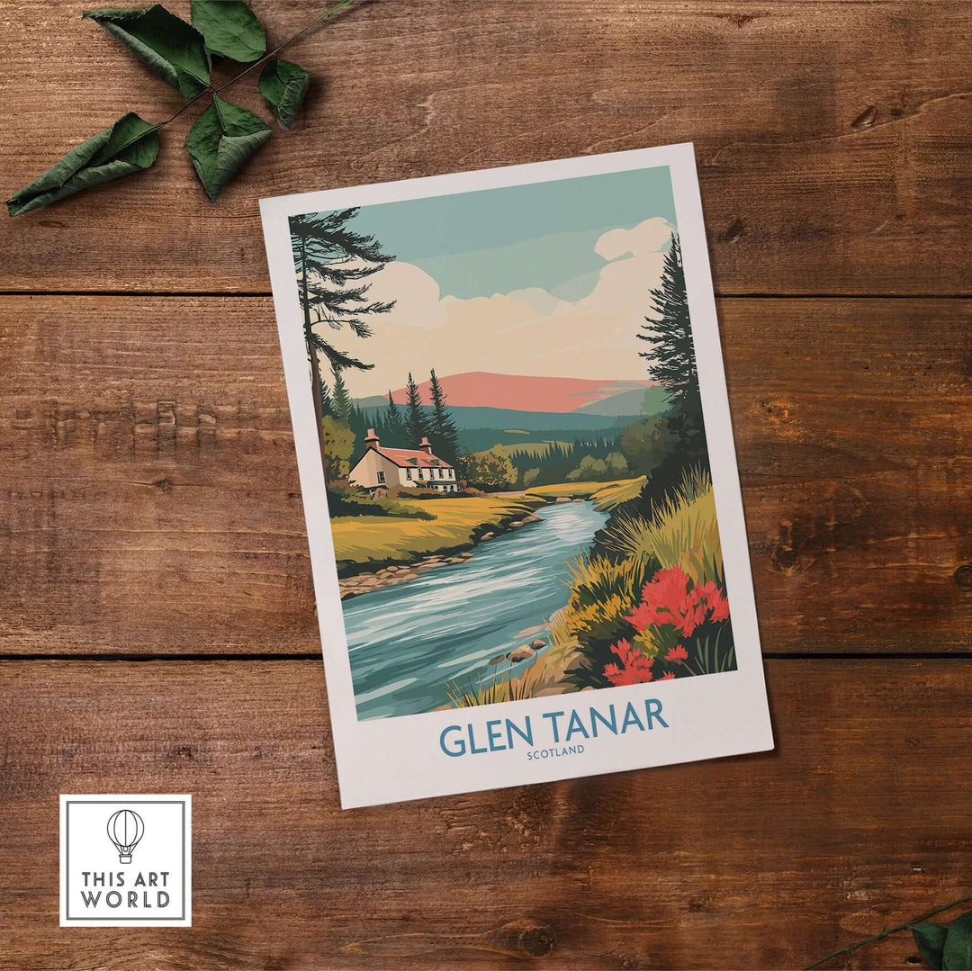 Glen Tanar Scotland print showcasing serene landscape, colorful hills, and peaceful waters, perfect for home decor.