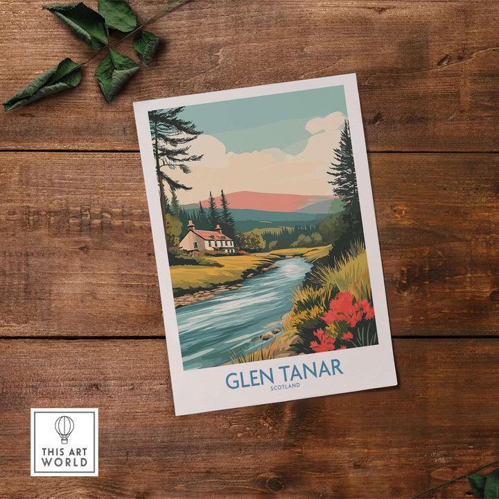 Glen Tanar Scotland print showcasing serene landscape, colorful hills, and peaceful waters, perfect for home decor.
