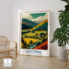 Glen Tanar Travel Poster showcasing vibrant Scottish landscapes and charming villages in a stylish interior setting.