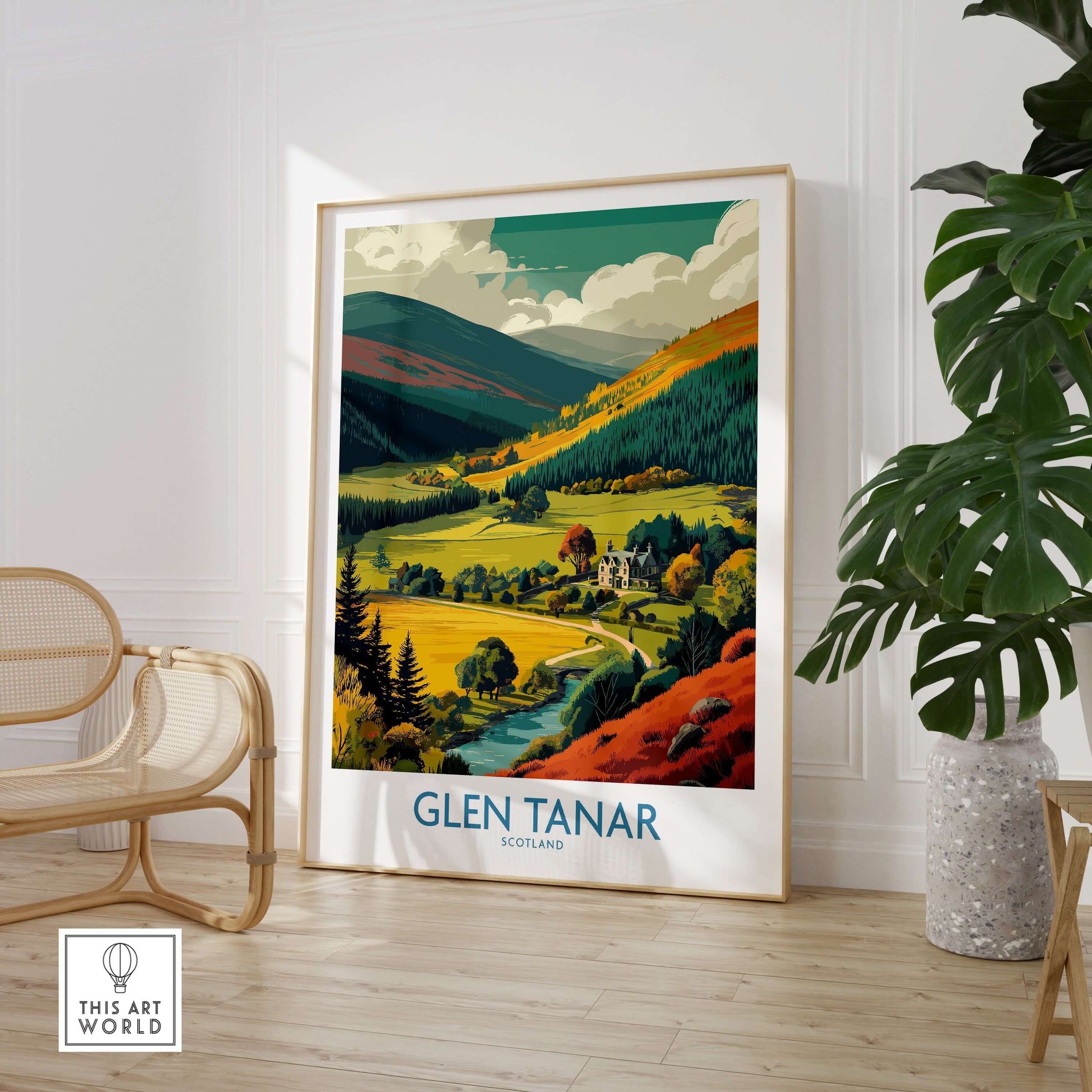 Glen Tanar Travel Poster showcasing vibrant Scottish landscapes and charming villages in a stylish interior setting.