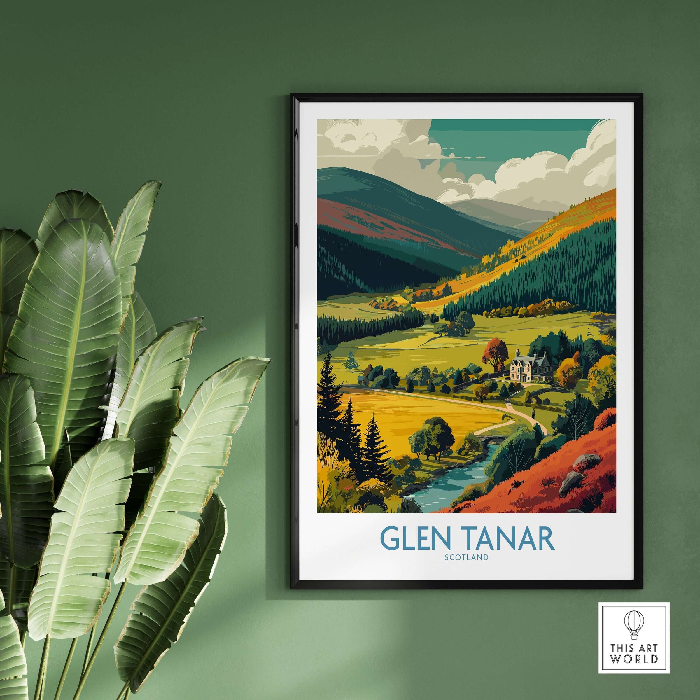 Glen Tanar Travel Poster showcasing stunning Scottish landscapes and charming villages in vibrant colors.
