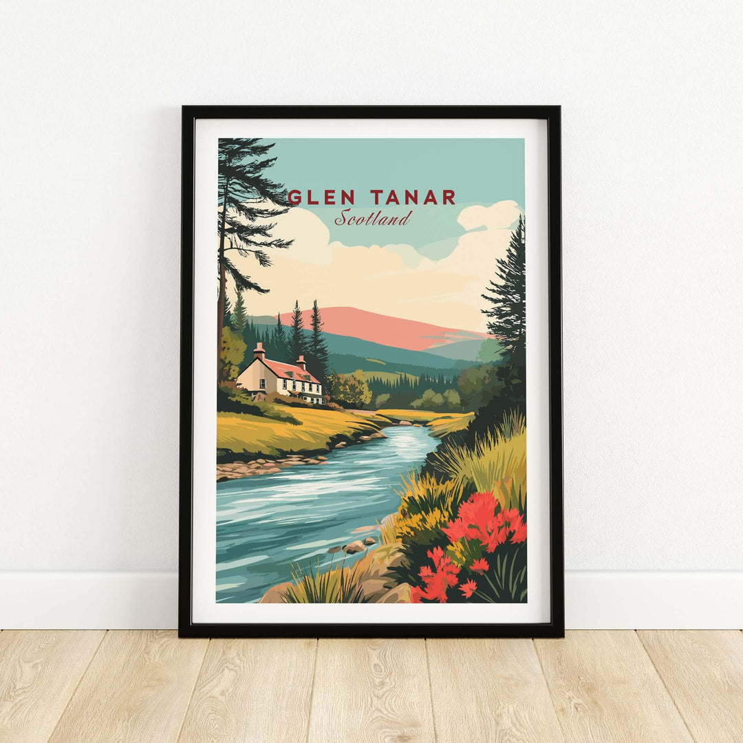 Glen Tanar Scotland poster featuring a picturesque landscape with a river, mountains, and vibrant flowers.