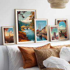 Glen Tanar Scotland Wall Art collection showcased on a modern sofa, highlighting stunning landscape designs.