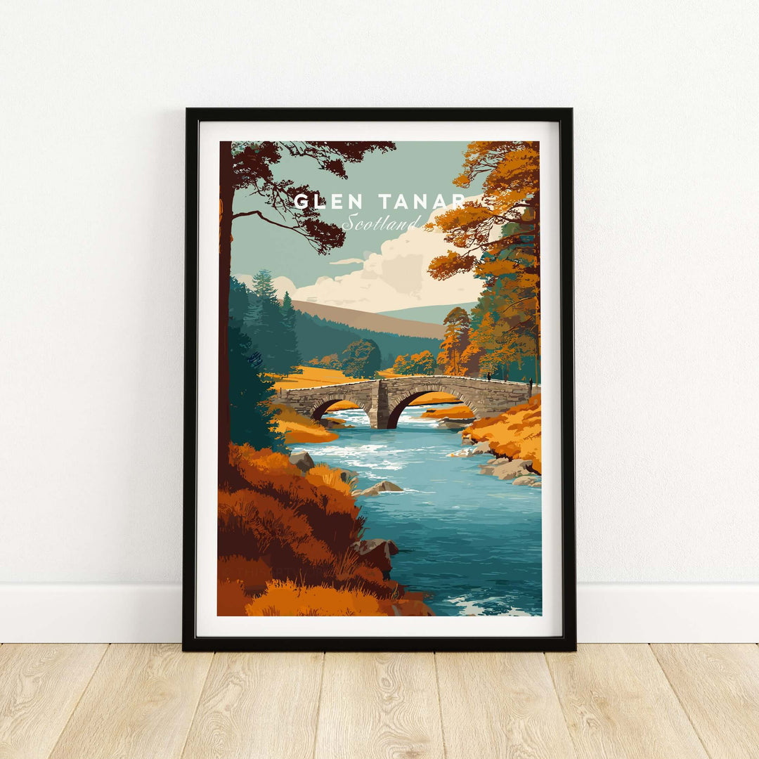 Glen Tanar Scotland wall art featuring a serene river and lush trees, perfect for home decor.