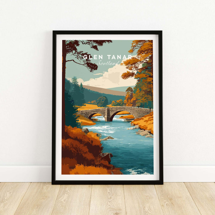 Glen Tanar Scotland wall art featuring a serene river and lush trees, perfect for home decor.