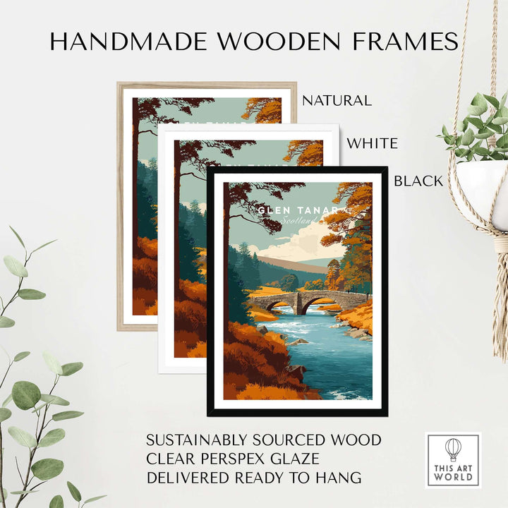 Handmade wooden frames in natural, white, and black for Glen Tanar wall art, made from sustainably sourced wood.