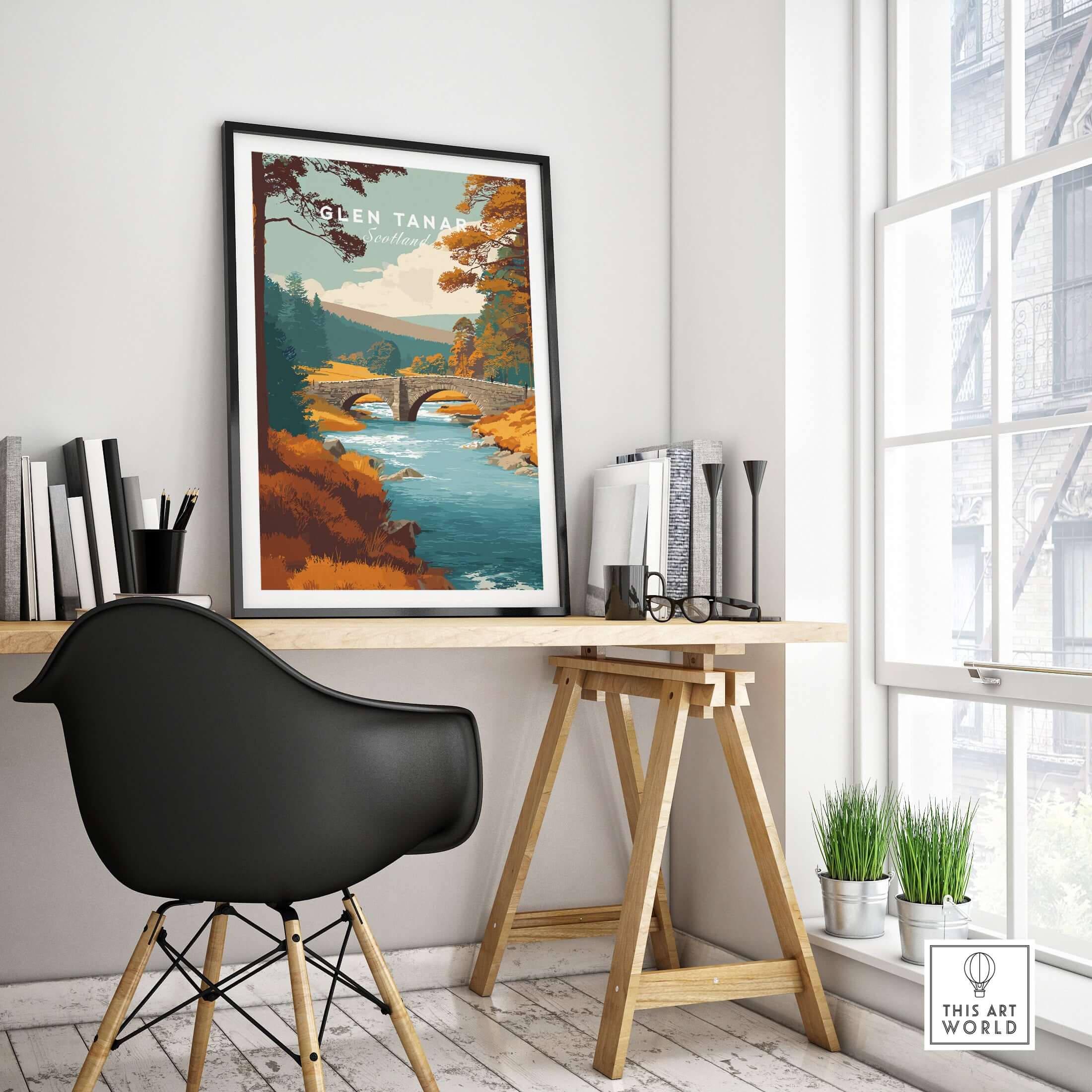 Glen Tanar Scotland Wall Art displayed in a modern home office setting with a stylish chair and decor.