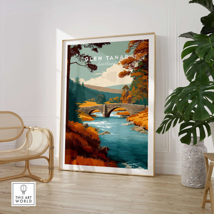 Glen Tanar Scotland wall art featuring a scenic landscape of a river and bridge, bringing nature indoors.
