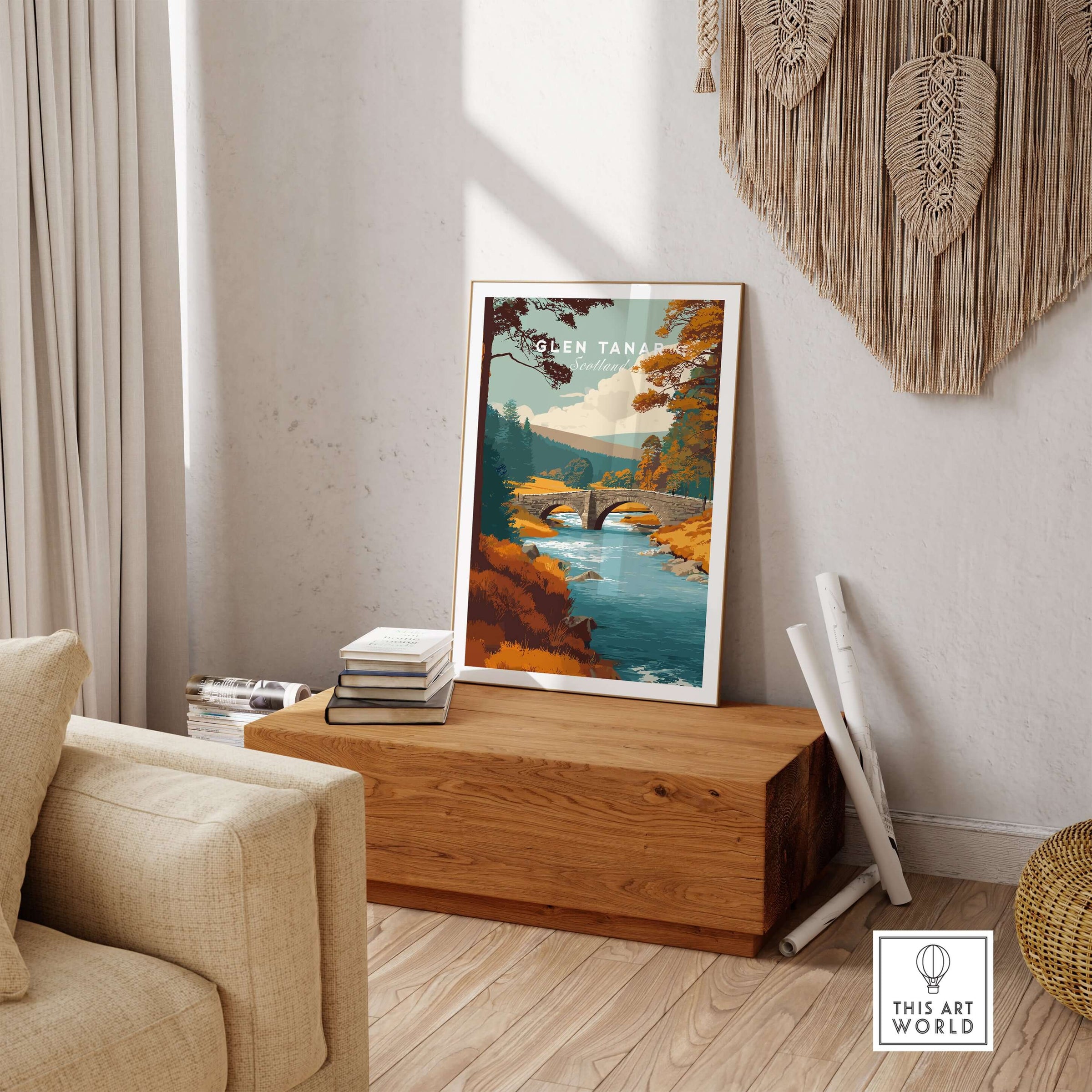 Glen Tanar Scotland Wall Art featuring a serene river and autumn foliage in a cozy living room setting.