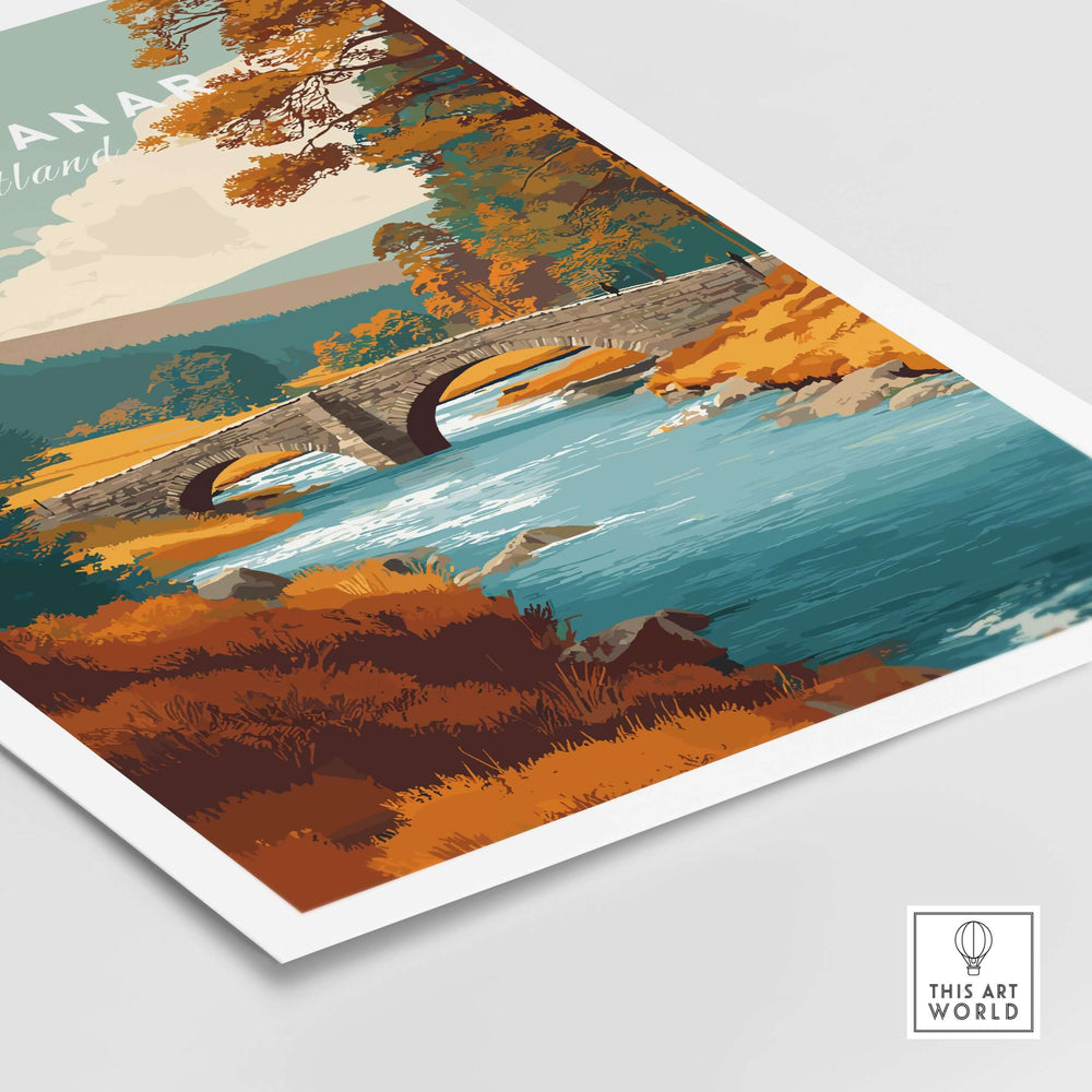 Glen Tanar Scotland wall art featuring a serene river and lush forest with a charming stone bridge.