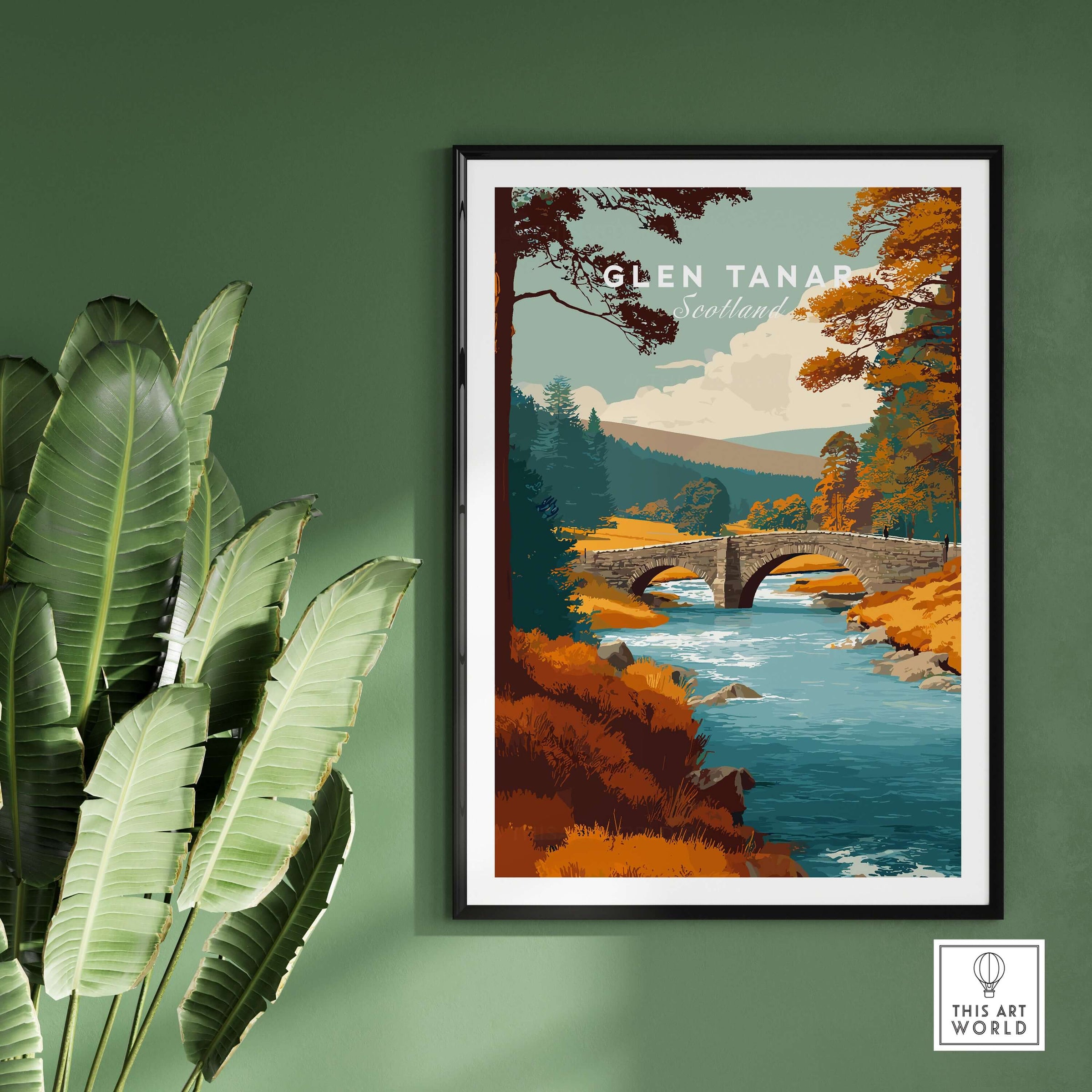 Glen Tanar Scotland Wall Art featuring a serene river, lush forest, and historic bridge in a beautiful landscape.