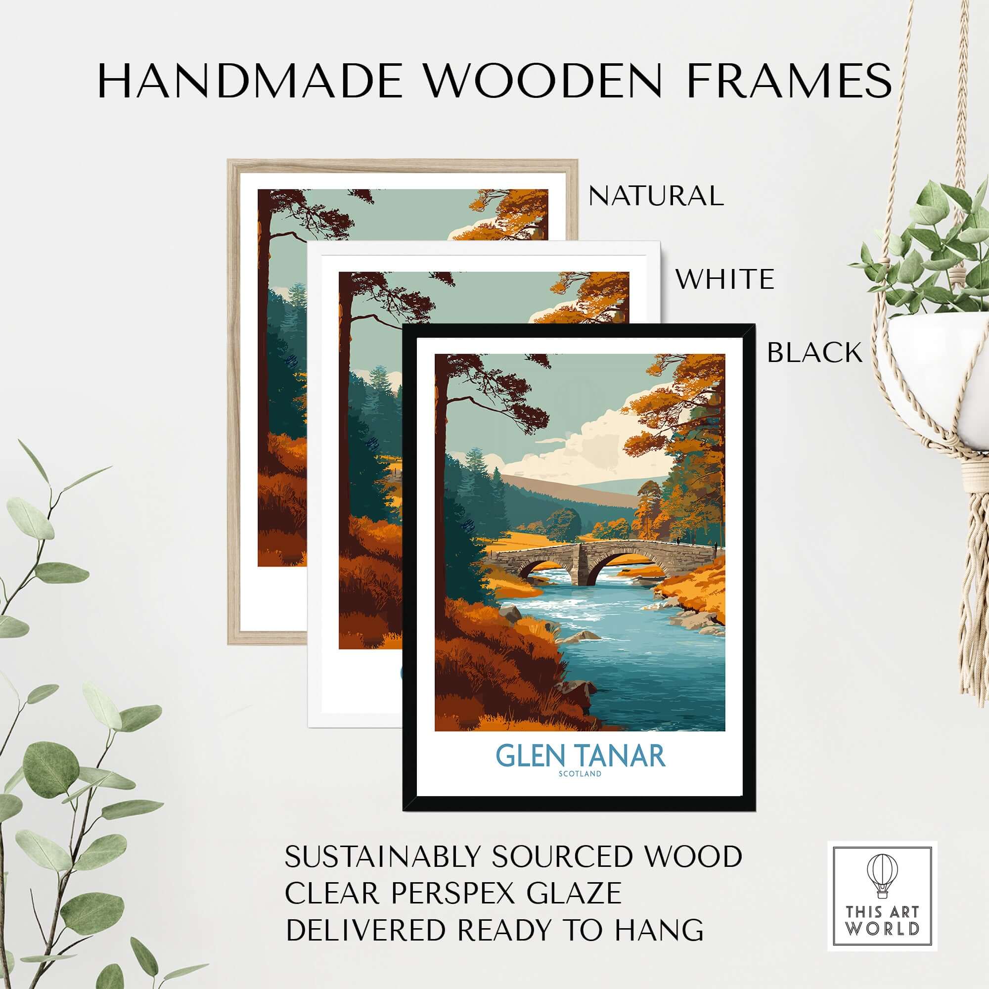Glen Tanar Scotland Wall Art Print displayed in natural, white, and black handmade wooden frames.