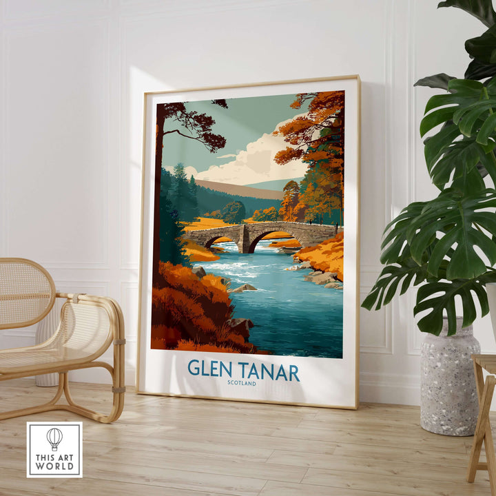 Glen Tanar Scotland wall art print featuring a scenic landscape with a bridge and colorful autumn foliage.