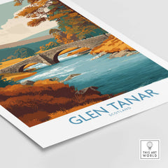 Glen Tanar Scotland Wall Art Print showcasing a picturesque landscape with a bridge and river.
