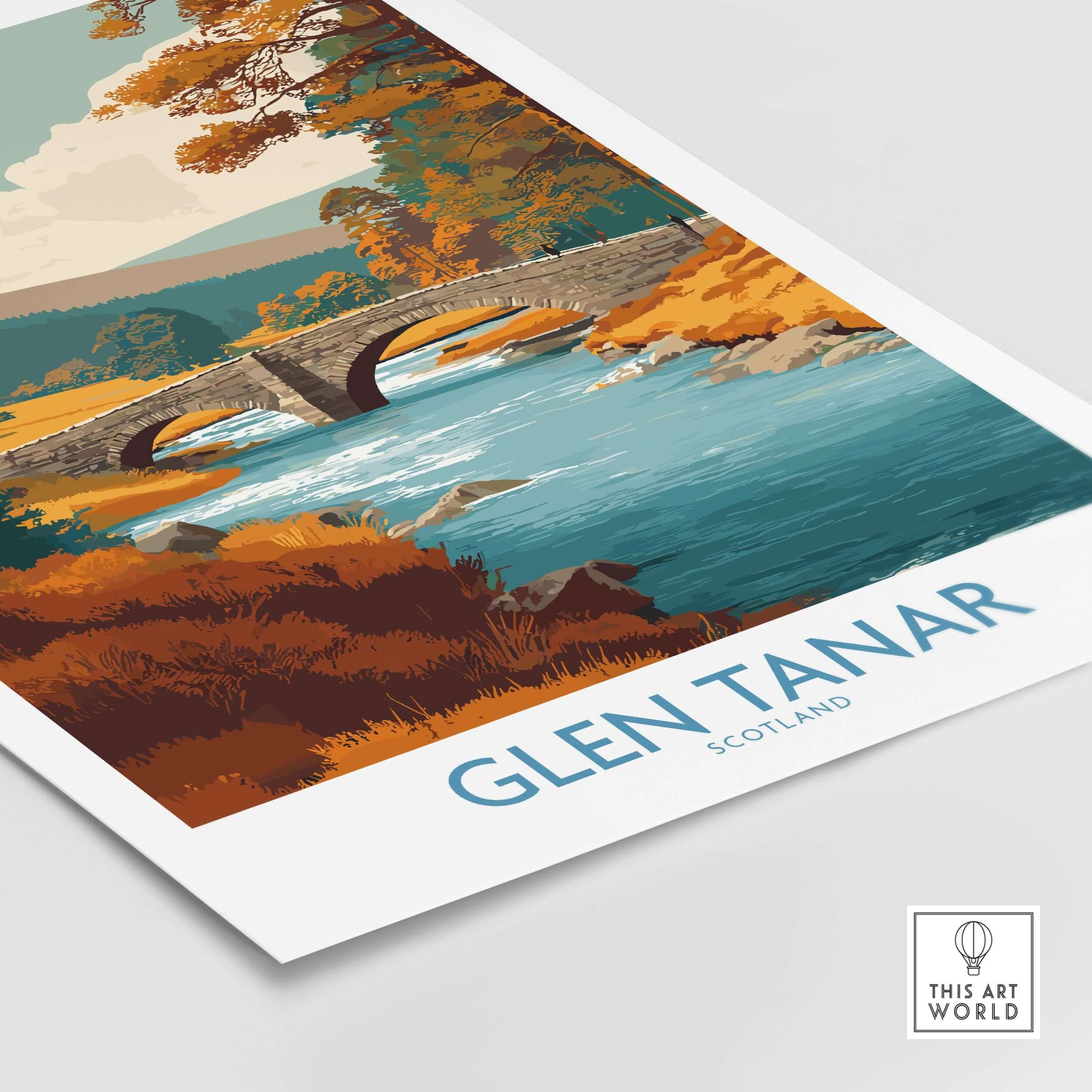Glen Tanar Scotland Wall Art Print showcasing a picturesque landscape with a bridge and river.