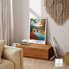 Glen Tanar Scotland Wall Art Print displayed on a wooden bench in a cozy living room setting.