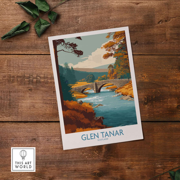 Glen Tanar Scotland wall art print showcasing a tranquil landscape with a bridge and river, perfect for home decor.